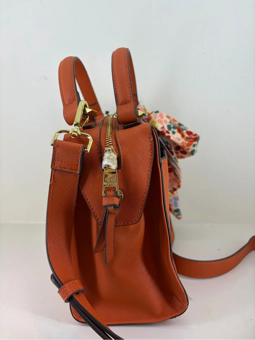 Steve Madden Orange Crossbody Satchel with Floral Scarf Accent - Picture 4 of 10